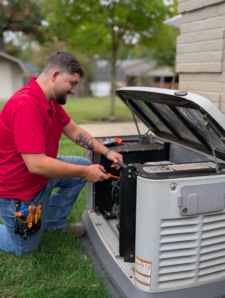 Lexington Electrical & HVAC technician servicing a whole-home standby generator at a Lexington, Kentucky residence.
