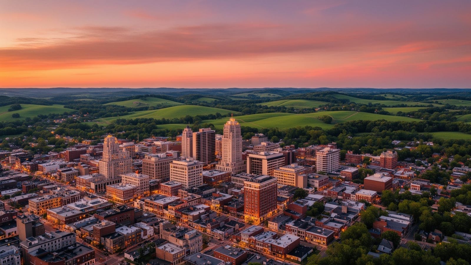 Aerial view of Lexington, Kentucky skyline at sunset with the rolling bluegrass horse country in the background — Lexington Electrical & HVAC service area